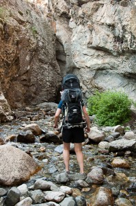 Jen hiking with Addison up to Zapata Falls in Colorado.