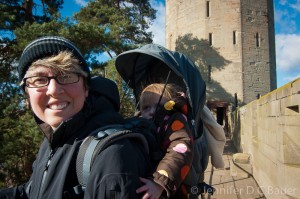 Jen and Addison atop the walls of Warwick Castle in London.