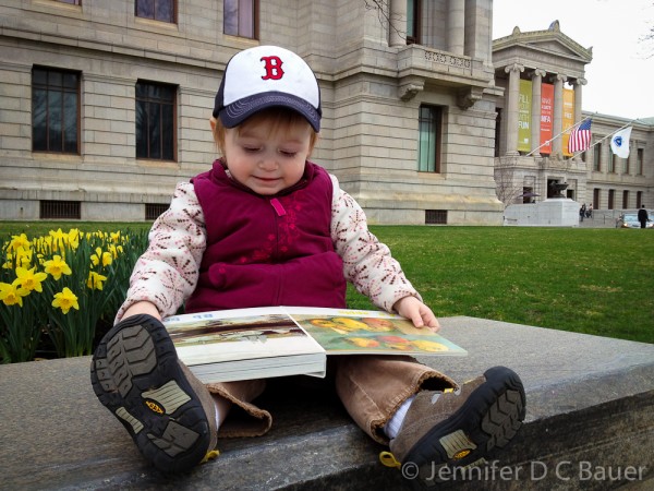 Addie reading her new book outside of the Boston MFA.