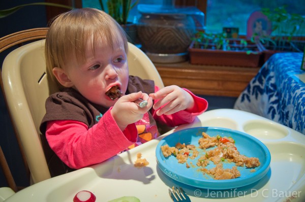 Addie eating her Mountain House meal.