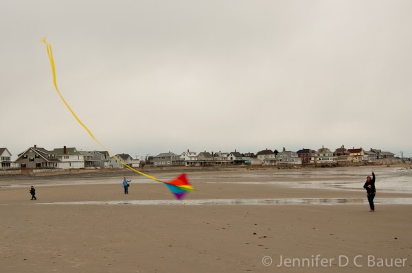 Flying kites in Wells, Me.