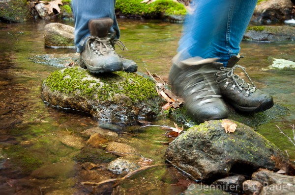 Crossing a stream on a trail at the Noble View Outdoor Center.