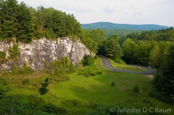 The marble cliffs set against the Berkshire mountains at Natural Bridge State Park in North Adams, MA.