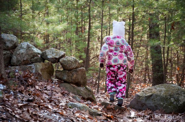 Elizabeth walking through a stone wall in the Hammond Reservation, Andover, MA