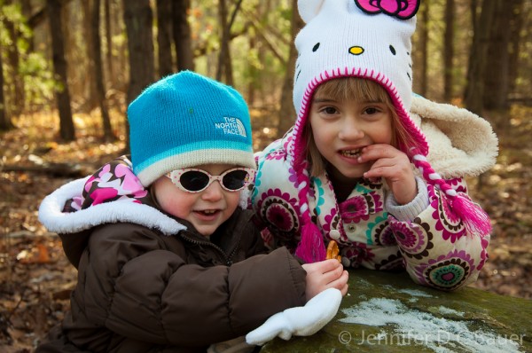 Snacking on pretzels in the Skug River Reservation in Andover, MA.