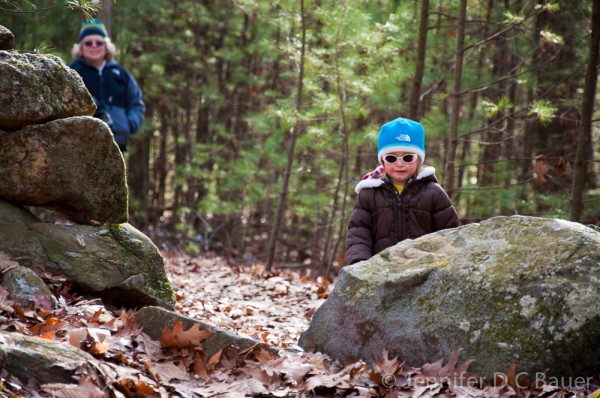 Grandmama and Addie hiking in Hammond Reservation in Andover, MA.