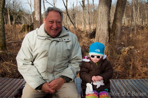 Addie and G-Dad take a rest in the Mary French Reservation in Andover, MA.