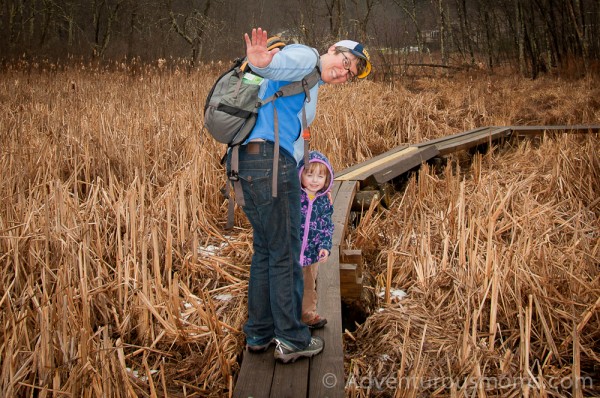 Addie and Mama walking on the boardwalk in the Mary French Reservation in Andover, MA