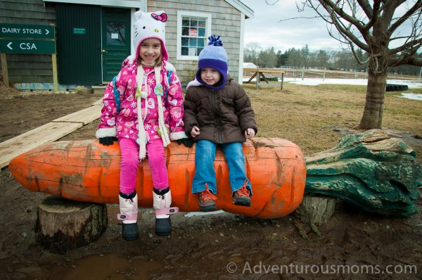 Addie and Elizabeth taking a break outside of the Dairy Store at Appleton Farms in Ipswich, MA