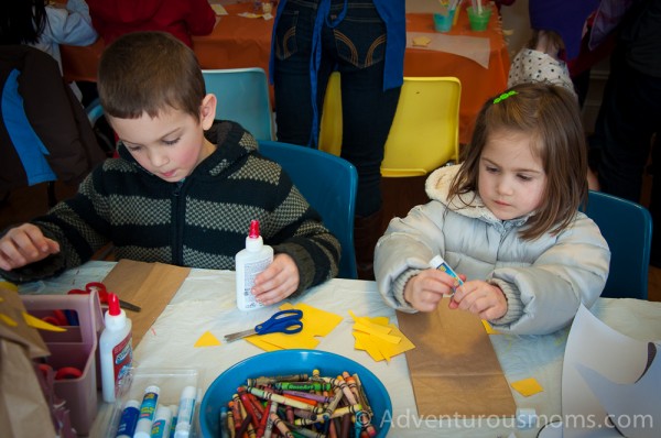 Eoin and Bria hard at work on their owl puppets.