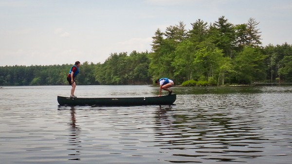 Balancing on our canoe in Harold Parker State Forest, Andover, MA