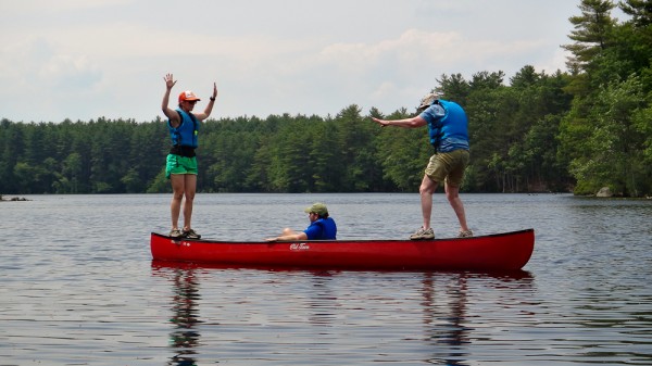 Balancing on our canoe in Harold Parker State Forest, Andover, MA