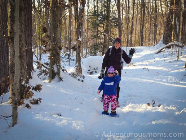 Addie and Mama snowshoeing.