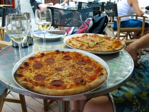 Enjoying our pizza in Budapest, Hungary.