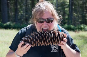 Kendra takes a bite out of a giant pinecone!