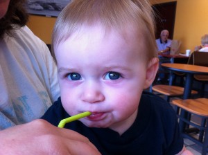 Addie drinking her yogurt smoothie.