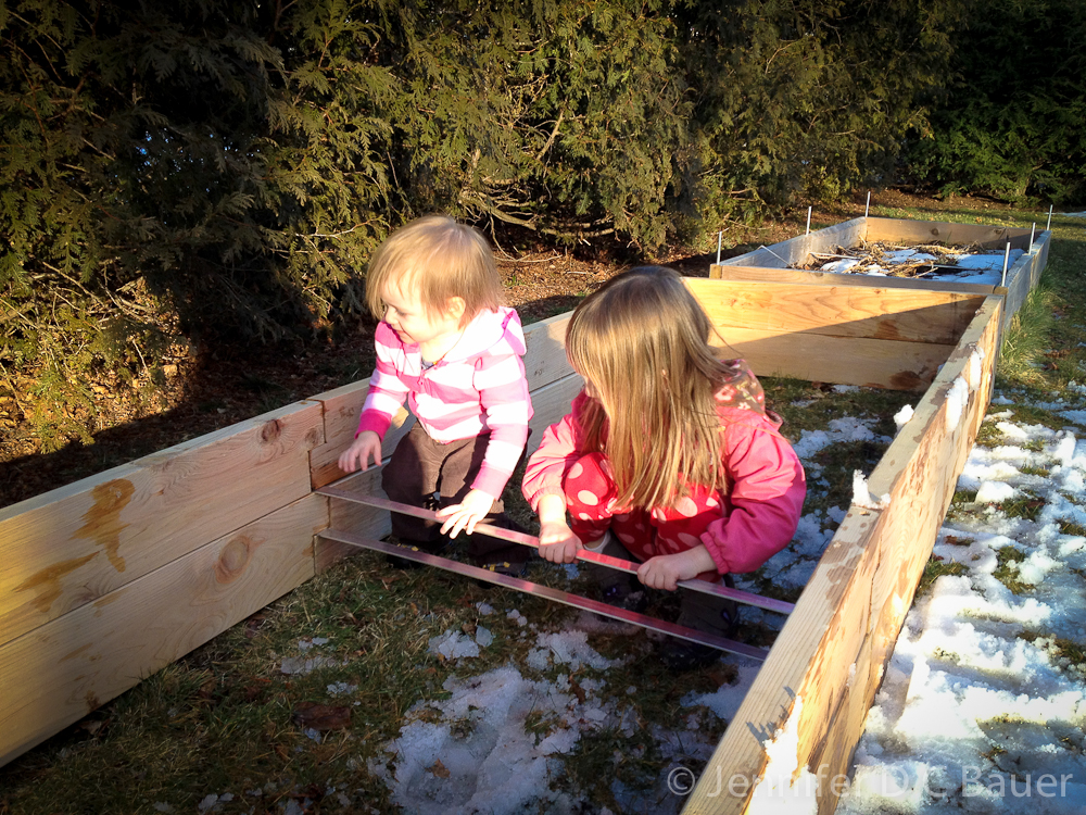 Addison and Elizabeth helping me put together our new cedar raised bed.