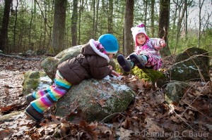 Addie and Elizabeth exploring in the Skug River Reservation in Andover, MA.