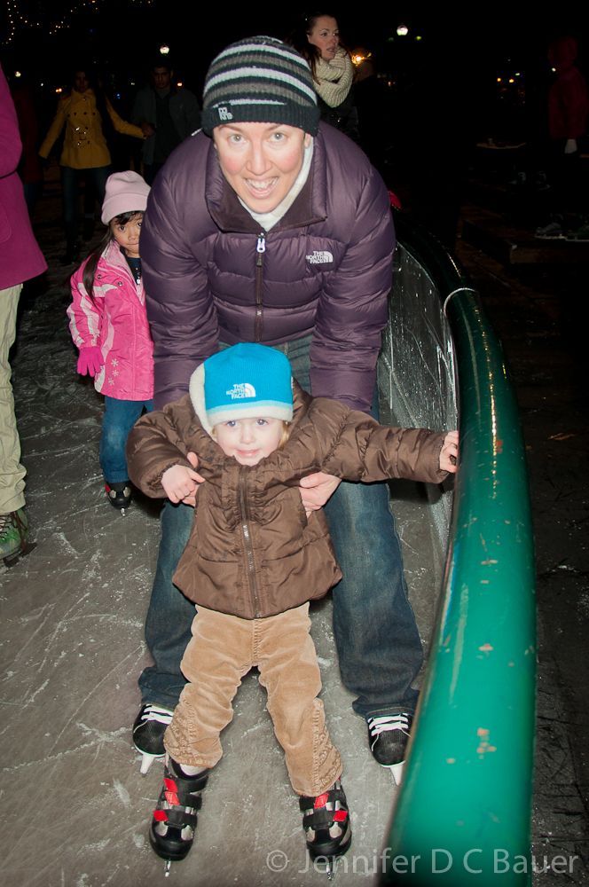 Addie learning to skate on the Frog Pond in Boston, MA.