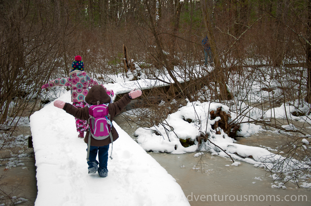 Addie and Elizabeth balancing on a wooden bridge at the Skug River Reservation in Andover, MA